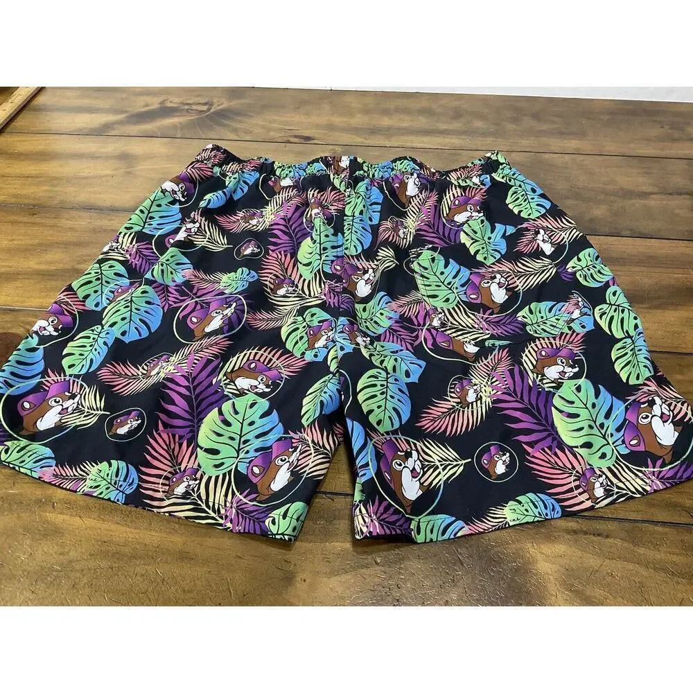 Buc-ees Swim Trunks Mens Size Medium Black Logo All Over Print Floral